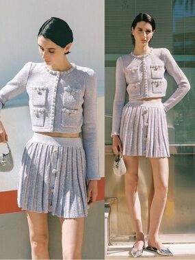 Self-Portrait Lilac Sequin Knit Cardigan & Pleated Skirt Set Purple NEW with tag